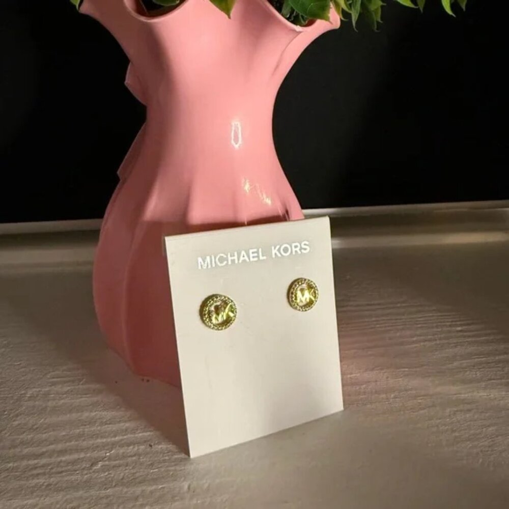Michael Kors Gold MK Logo Stud Earrings Signature Round NWT - Picture 2 of 3